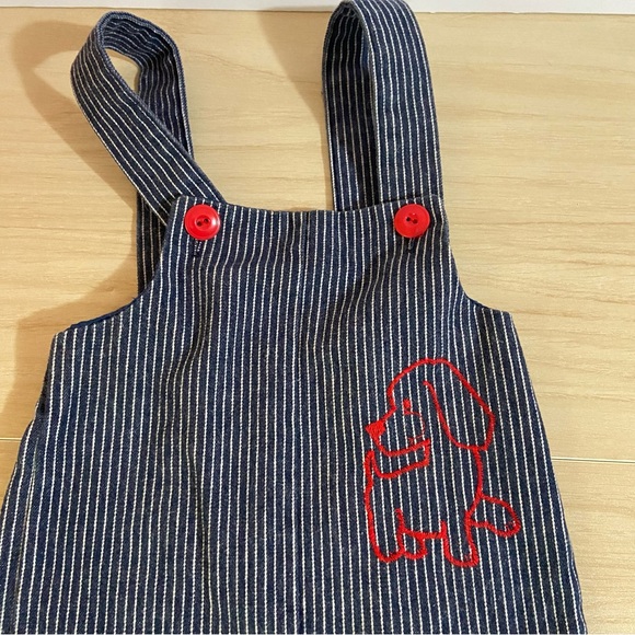 Vintage Baby Bib Overalls Romper Sz 12 Months Striped Embroidered Red Dog/Puppy - Picture 2 of 7